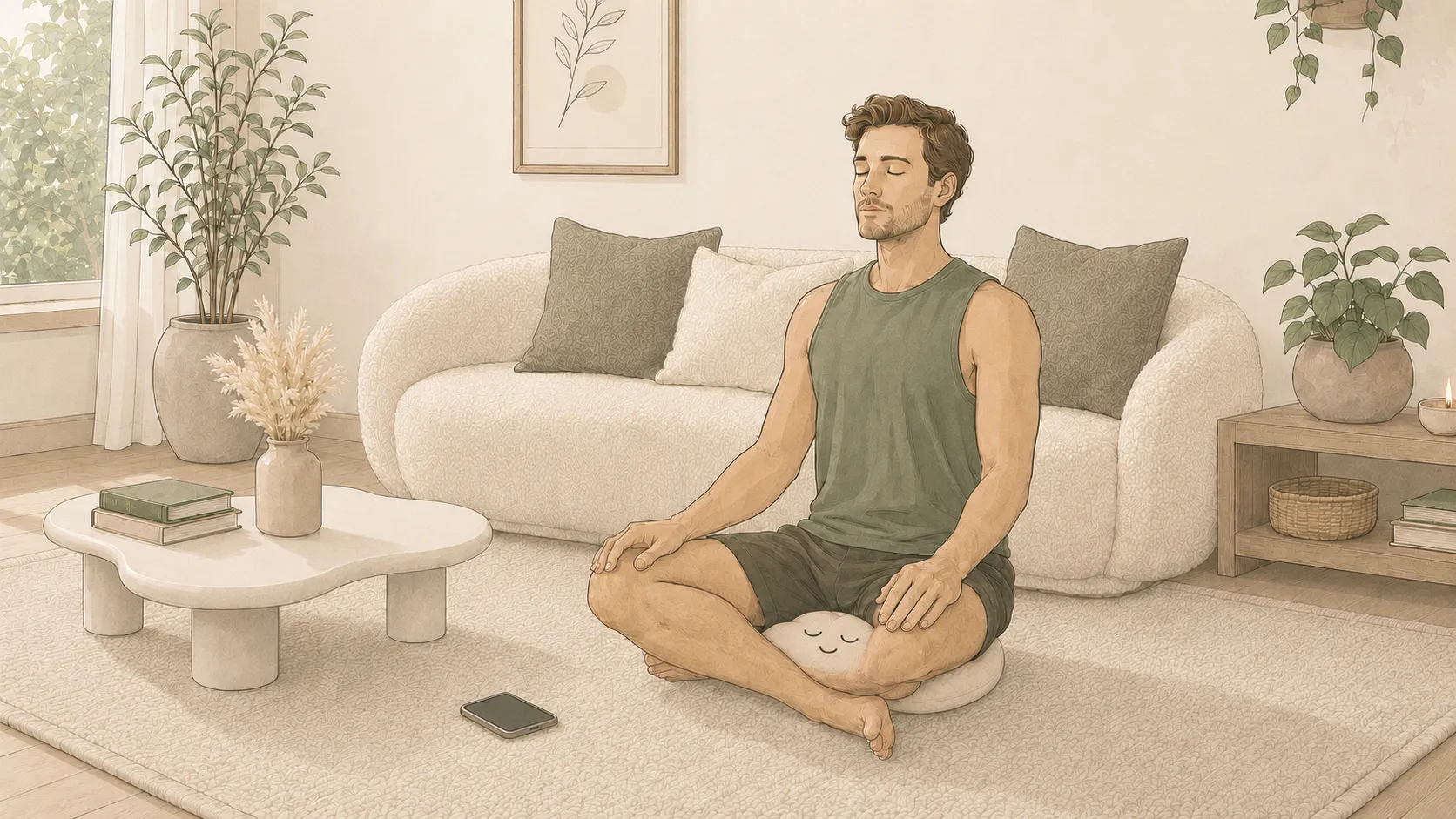 A calm, sunlit meditation space