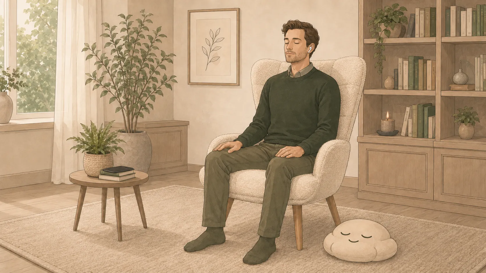 A person reading calmly in a warm room