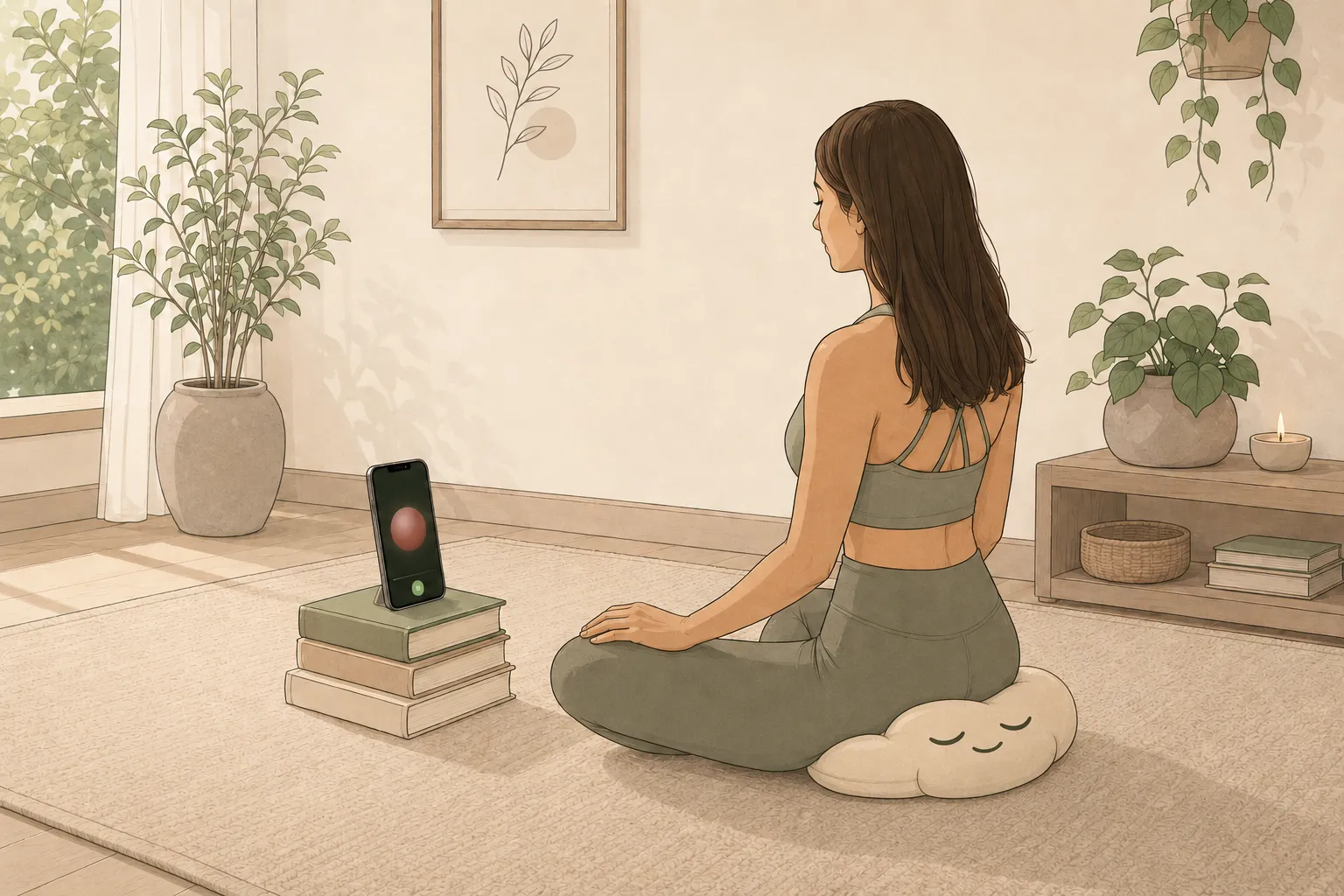 A person sitting peacefully in a sunlit meditation room